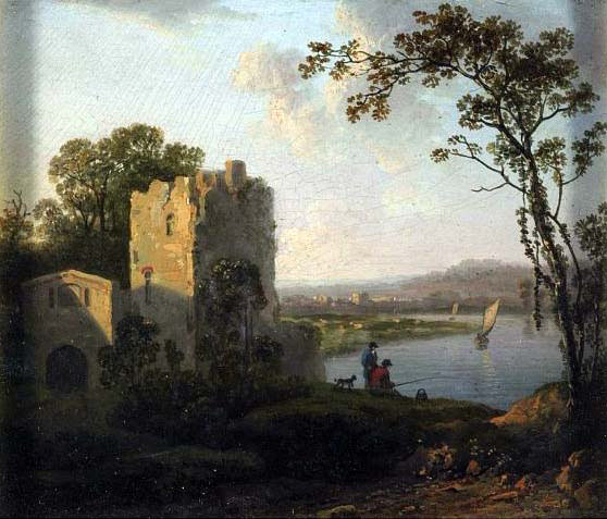 Tower on the Bank of a River with Two Men Fishing 